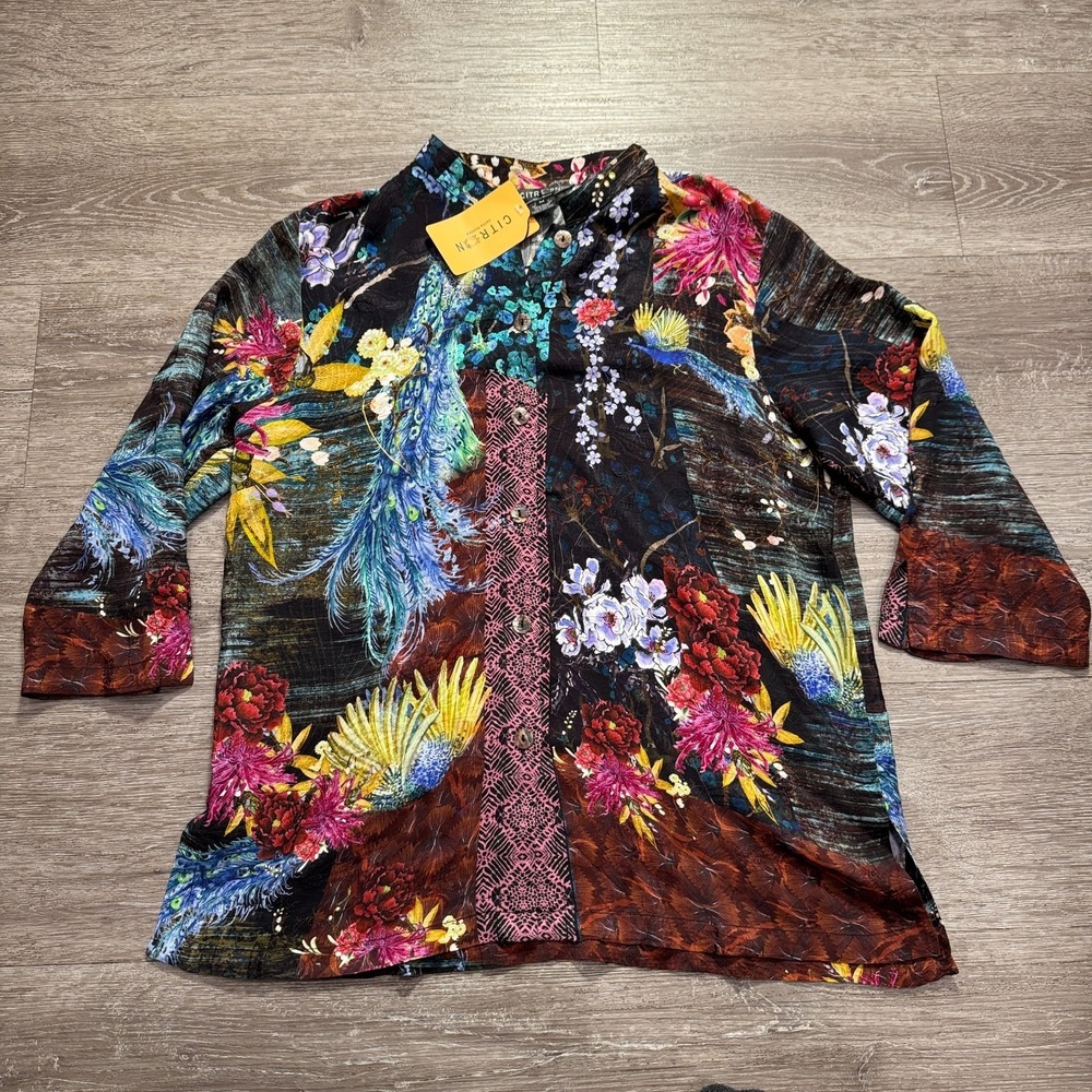 Citron Top Womens Medium Peacock Cherry Tree Floral Silk Blouse Santa Monica